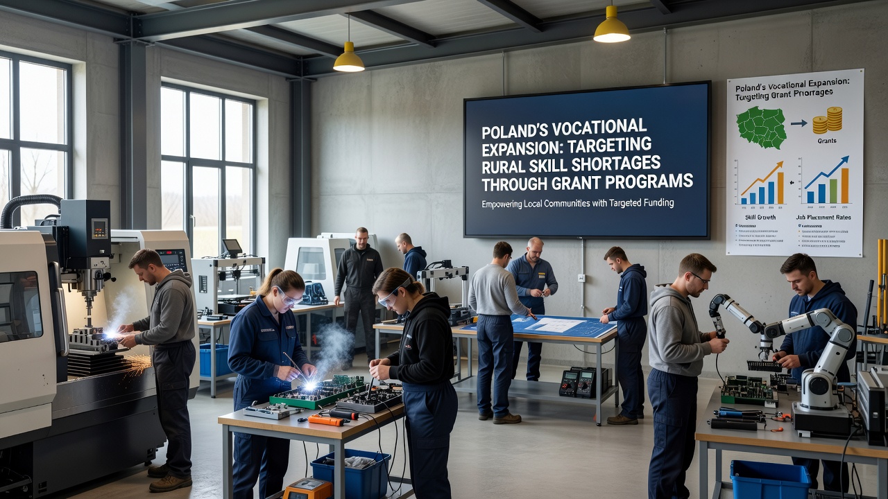 Students practicing technical skills on modern equipment funded by Polish vocational grants