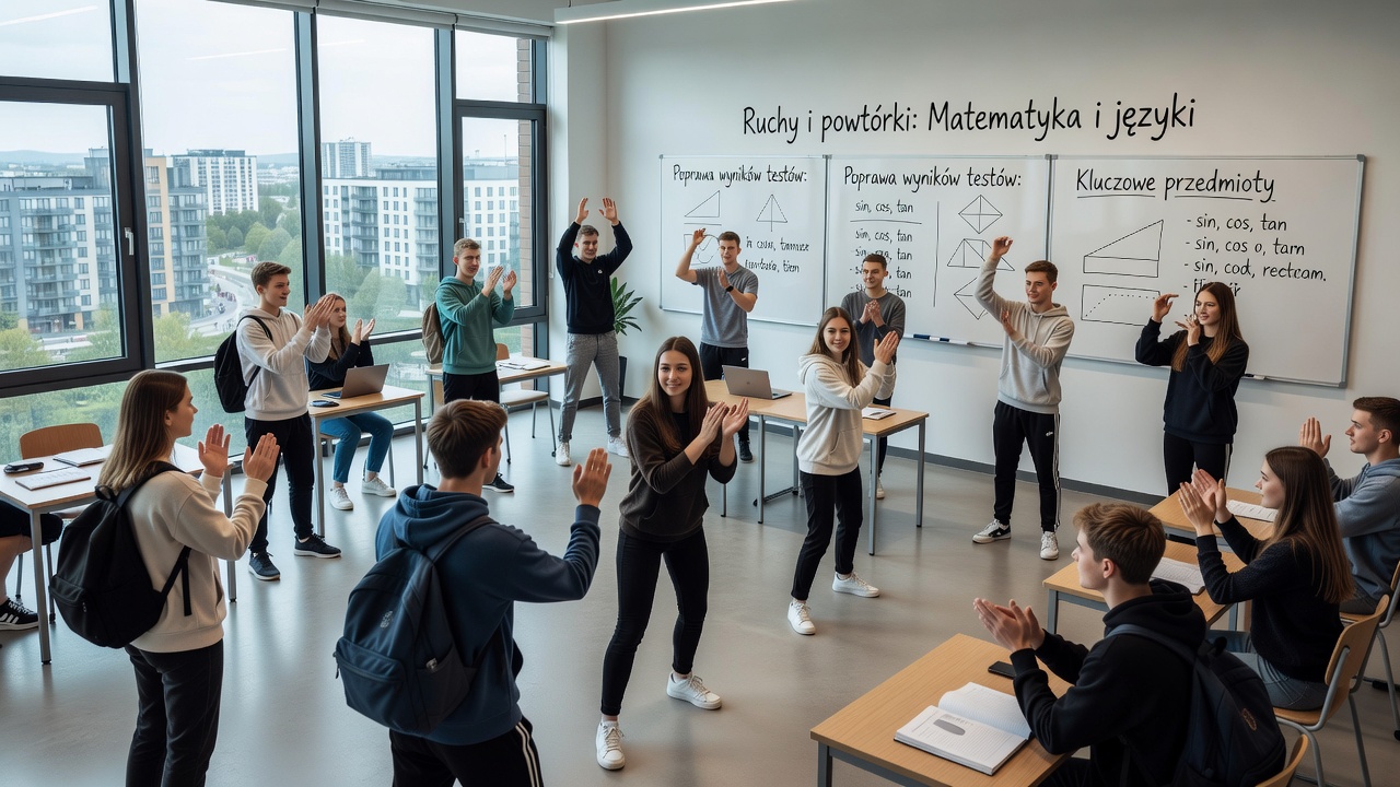 Group of Polish secondary students engaged in coordinated physical movements while practicing subject-specific memory retrieval